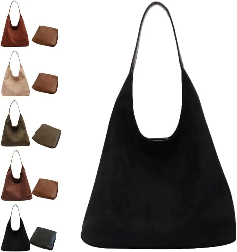 Brown Suede Bag,Suede Purse,Brown Suede Handbag,Suede Purses for Women,Chocolate Slouchy Tote Shoulder Handbags (Black)