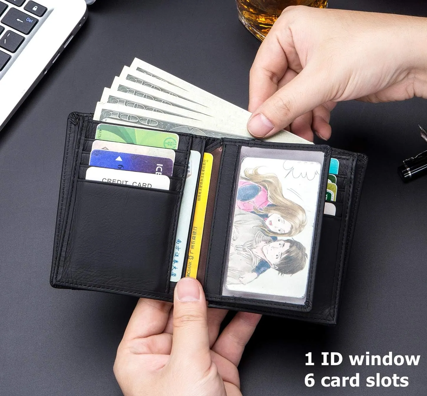 BULLCAPTAIN Men RFID Blocking Bifold Wallet Genuine Leather Card Holder Wallets with 15 Card Slots (Black)