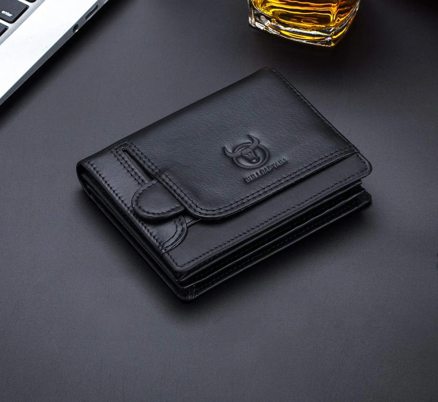 BULLCAPTAIN Men RFID Blocking Bifold Wallet Genuine Leather Card Holder Wallets with 15 Card Slots (Black)