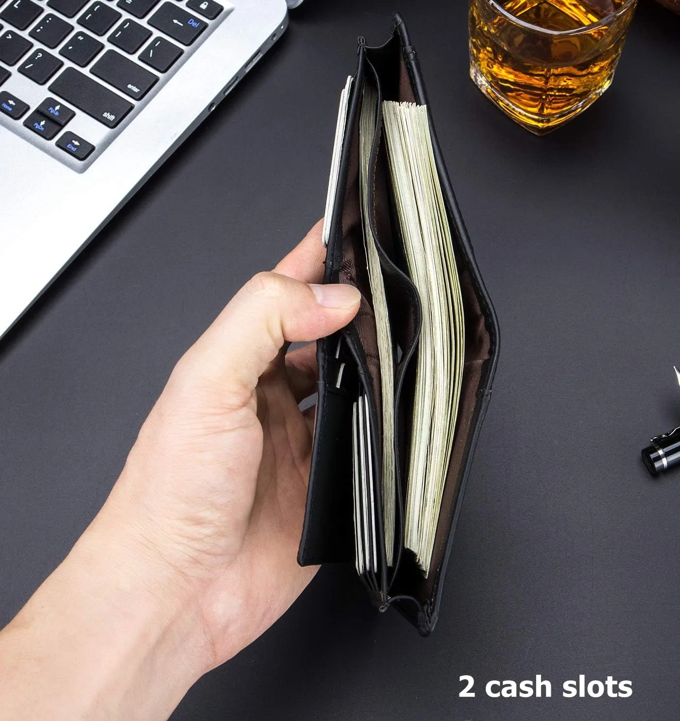 BULLCAPTAIN Men RFID Blocking Bifold Wallet Genuine Leather Card Holder Wallets with 15 Card Slots (Black)