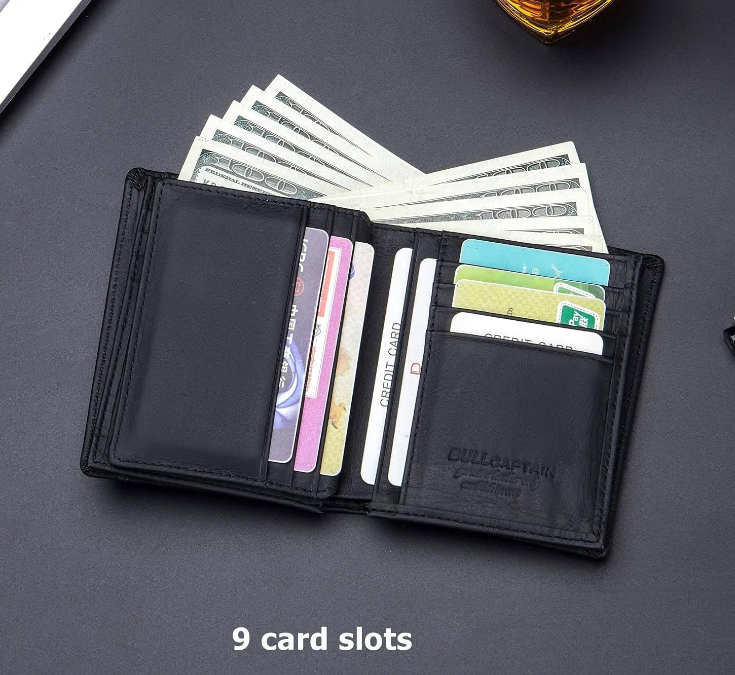 BULLCAPTAIN Men RFID Blocking Bifold Wallet Genuine Leather Card Holder Wallets with 15 Card Slots (Black)
