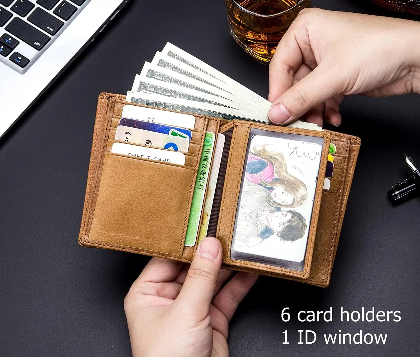 BULLCAPTAIN Men RFID Blocking Bifold Wallet Genuine Leather Card Holder Wallets with 15 Card Slots (Yellowish brown)