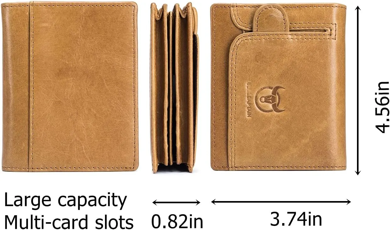 BULLCAPTAIN Men RFID Blocking Bifold Wallet Genuine Leather Card Holder Wallets with 15 Card Slots (Yellowish brown)