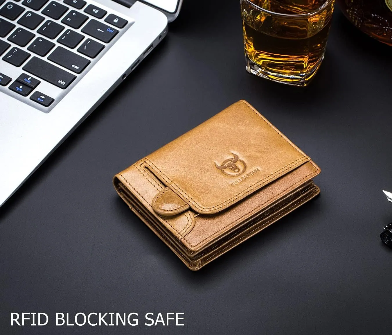 BULLCAPTAIN Men RFID Blocking Bifold Wallet Genuine Leather Card Holder Wallets with 15 Card Slots (Yellowish brown)