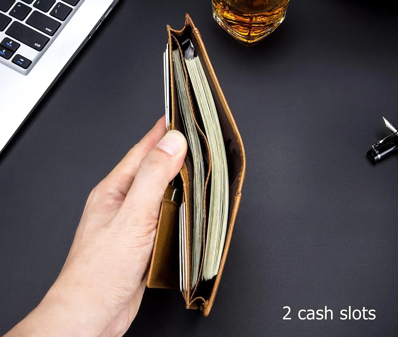 BULLCAPTAIN Men RFID Blocking Bifold Wallet Genuine Leather Card Holder Wallets with 15 Card Slots (Yellowish brown)