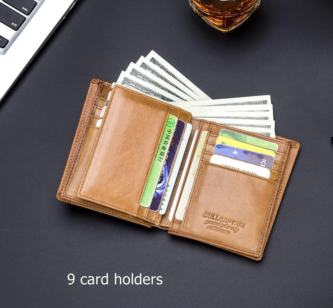 BULLCAPTAIN Men RFID Blocking Bifold Wallet Genuine Leather Card Holder Wallets with 15 Card Slots (Yellowish brown)
