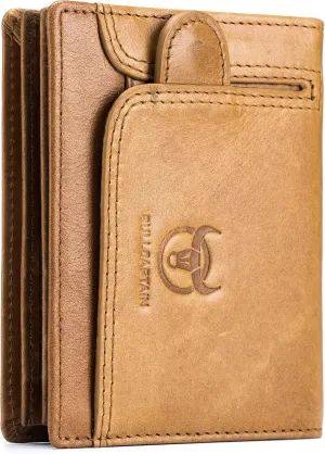 BULLCAPTAIN Men RFID Blocking Bifold Wallet Genuine Leather Card Holder Wallets with 15 Card Slots (Yellowish brown)