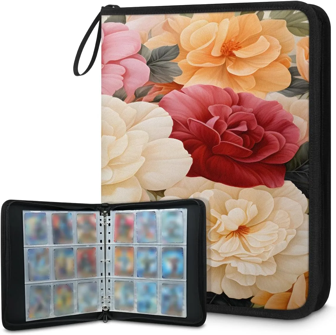 Bunch of Flowers 3 Ring Trading Zipper Binder Strap, Trading Card Binder 9 Pocket, 900 Pockets Card Holder with 50 Removable Sleeves for Game Cards