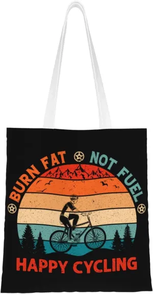 Burn Fat Not Fuel Happy Cycling Tote Bag for Women Canvas Shopping Bags Reusable Beach Bag Grocery Bags Tote Shoulder Bag Gift Bags