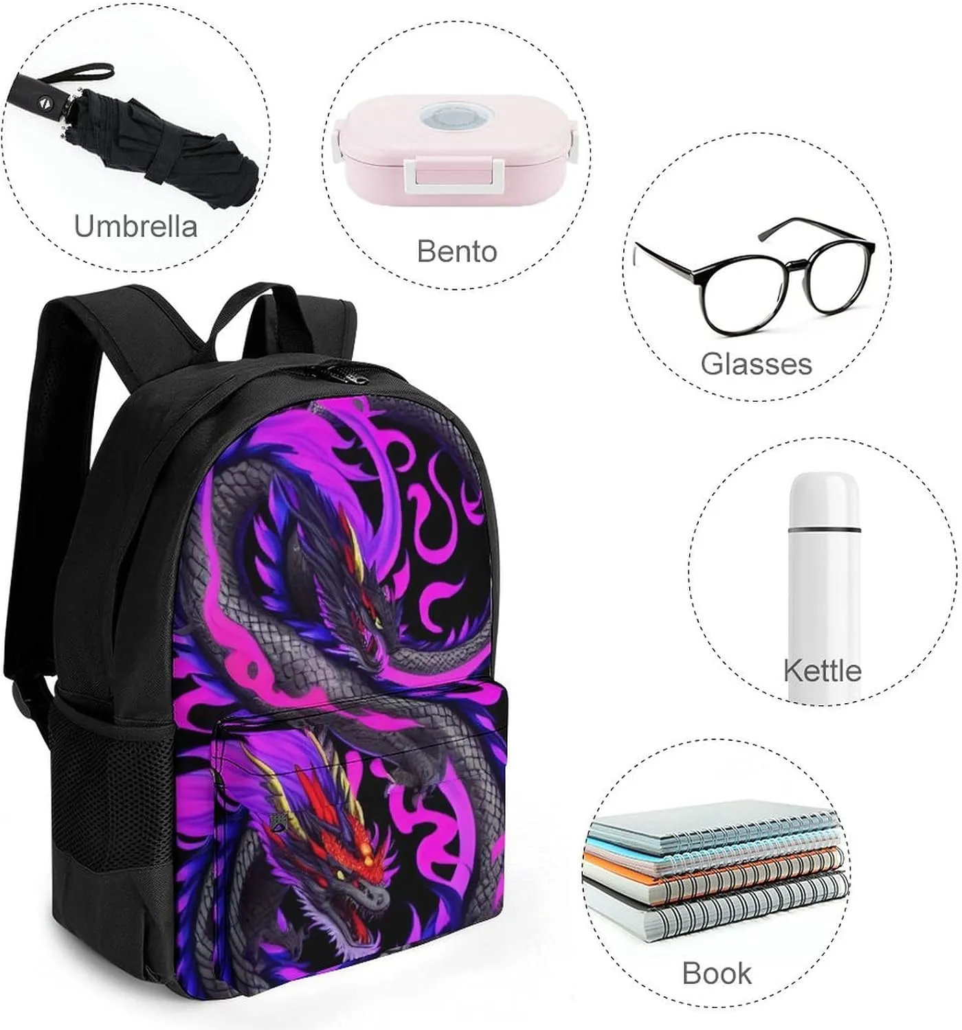 Burning Flaming Fire Chinese Dragon Art Shoulder Book Bags Polyester Multipurpose Anti-Theft Carry On Bag Large Capacity Travel Hiking & Camping Rucksack