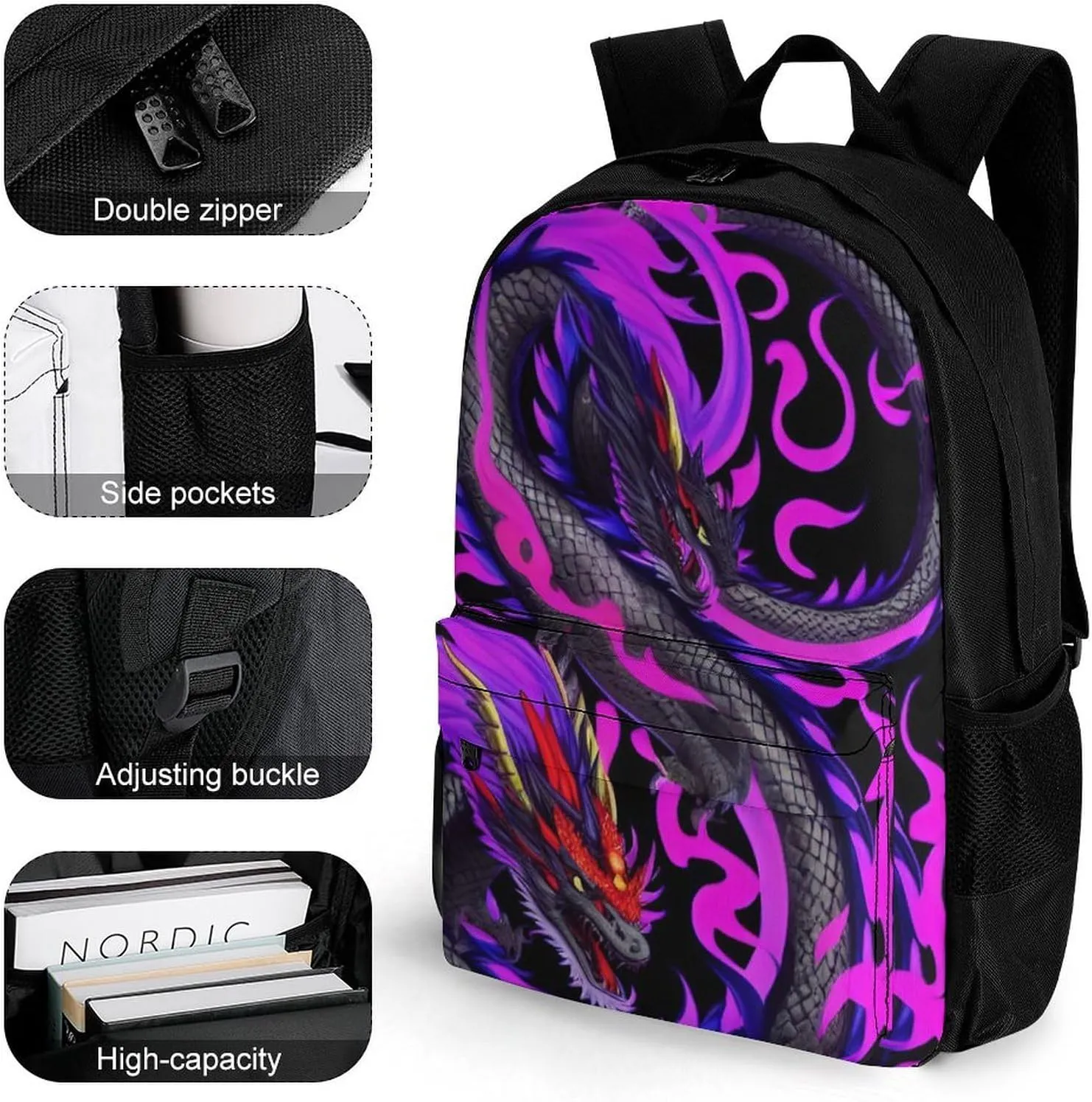 Burning Flaming Fire Chinese Dragon Art Shoulder Book Bags Polyester Multipurpose Anti-Theft Carry On Bag Large Capacity Travel Hiking & Camping Rucksack
