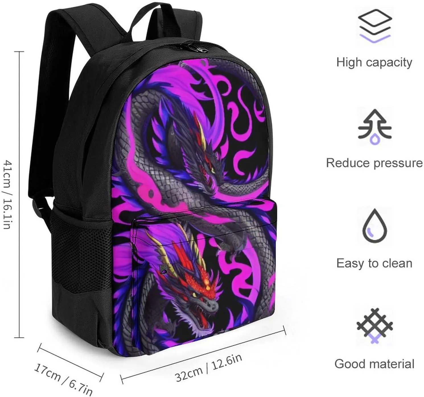 Burning Flaming Fire Chinese Dragon Art Shoulder Book Bags Polyester Multipurpose Anti-Theft Carry On Bag Large Capacity Travel Hiking & Camping Rucksack