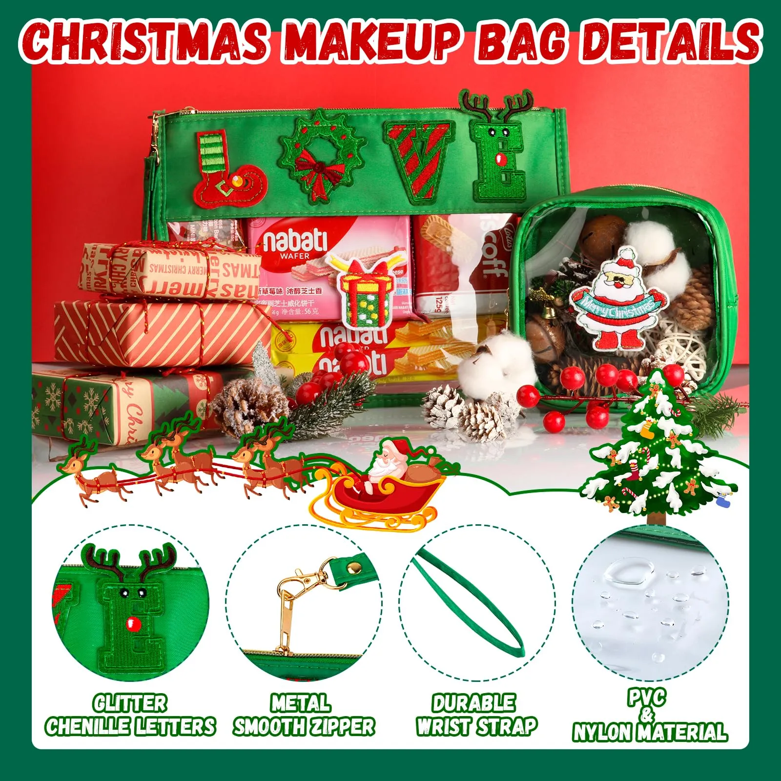 BuyCard 2 Pcs Christmas Gifts Cosmetic Makeup Bag with Chenille Letter Patch, Clear Pouch PVC Organizer Purse, Waterproof Travel Bag, LoveTSanta oiletry Storage Bag for Her Girls Friends Women