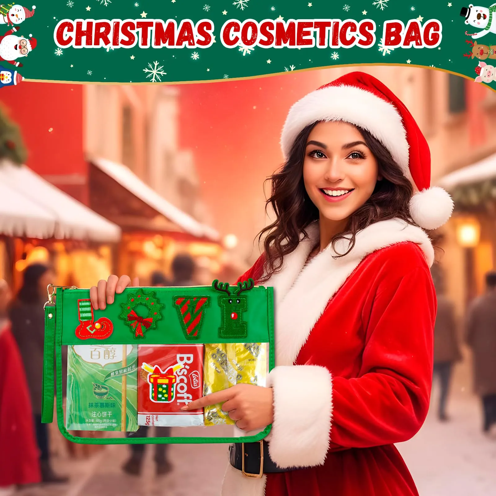 BuyCard 2 Pcs Christmas Gifts Cosmetic Makeup Bag with Chenille Letter Patch, Clear Pouch PVC Organizer Purse, Waterproof Travel Bag, LoveTSanta oiletry Storage Bag for Her Girls Friends Women