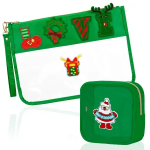 BuyCard 2 Pcs Christmas Gifts Cosmetic Makeup Bag with Chenille Letter Patch, Clear Pouch PVC Organizer Purse, Waterproof Travel Bag, LoveTSanta oiletry Storage Bag for Her Girls Friends Women