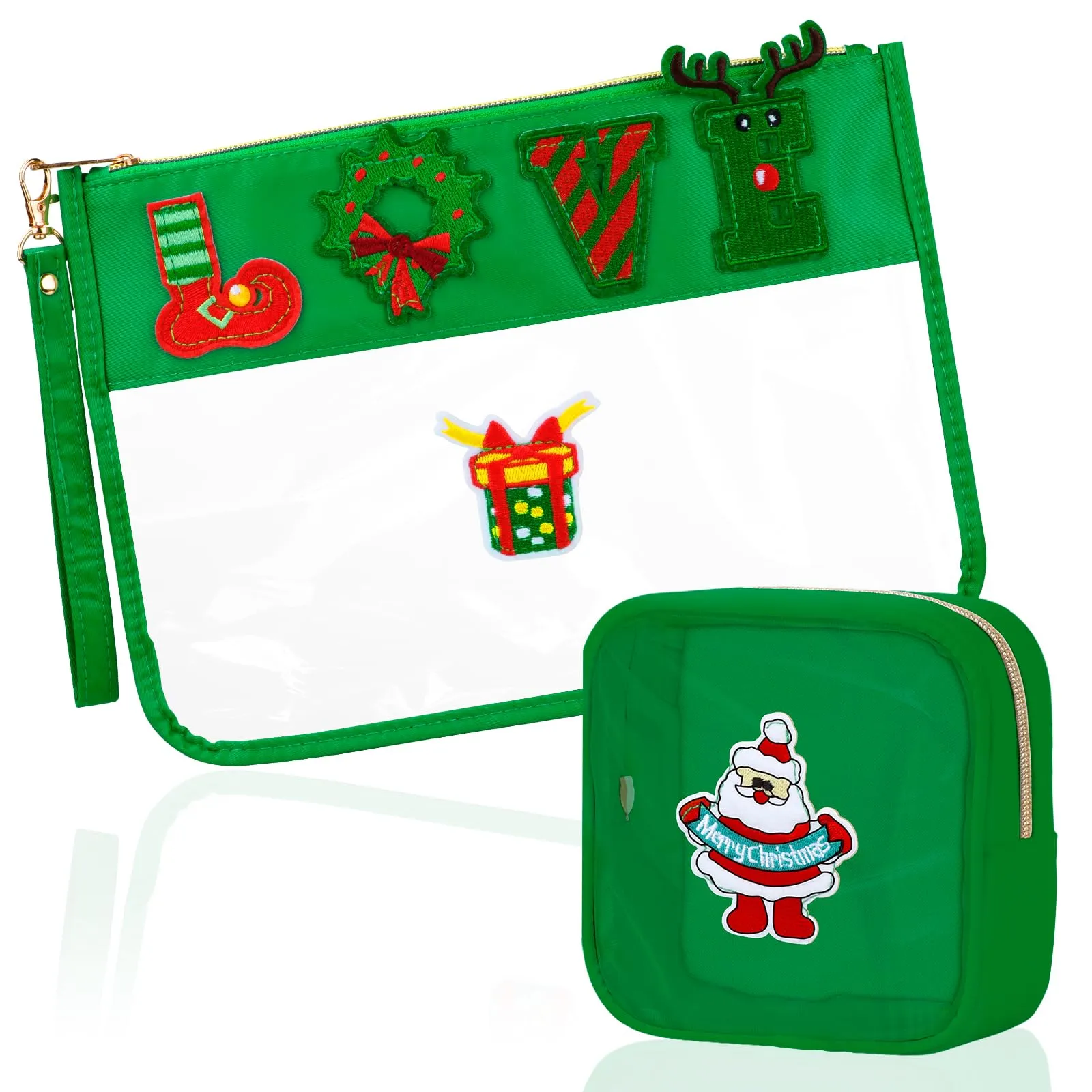 BuyCard 2 Pcs Christmas Gifts Cosmetic Makeup Bag with Chenille Letter Patch, Clear Pouch PVC Organizer Purse, Waterproof Travel Bag, LoveTSanta oiletry Storage Bag for Her Girls Friends Women