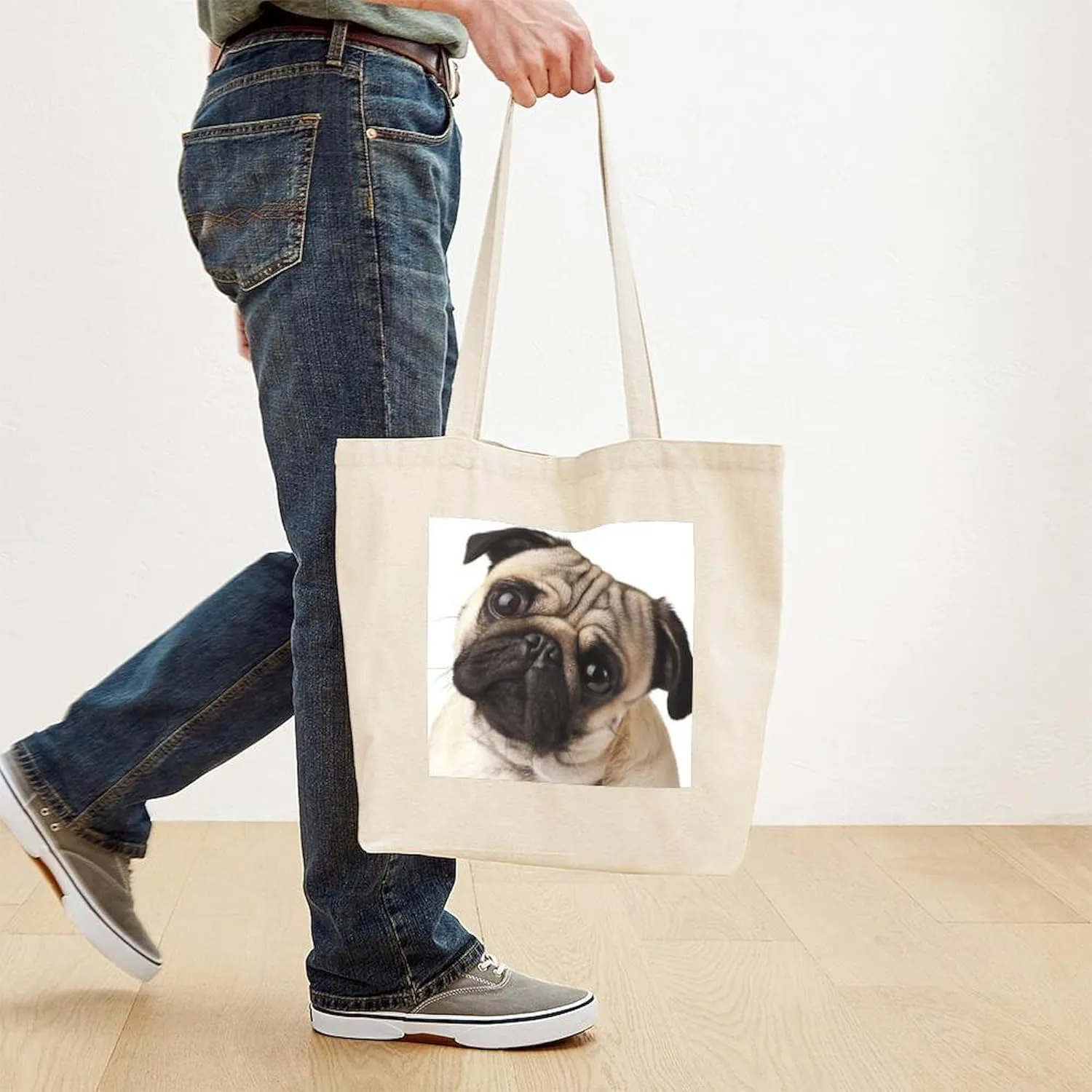 CafePress Curious Pug Tote Bag Natural Canvas Tote Bag, Reusable Shopping Bag