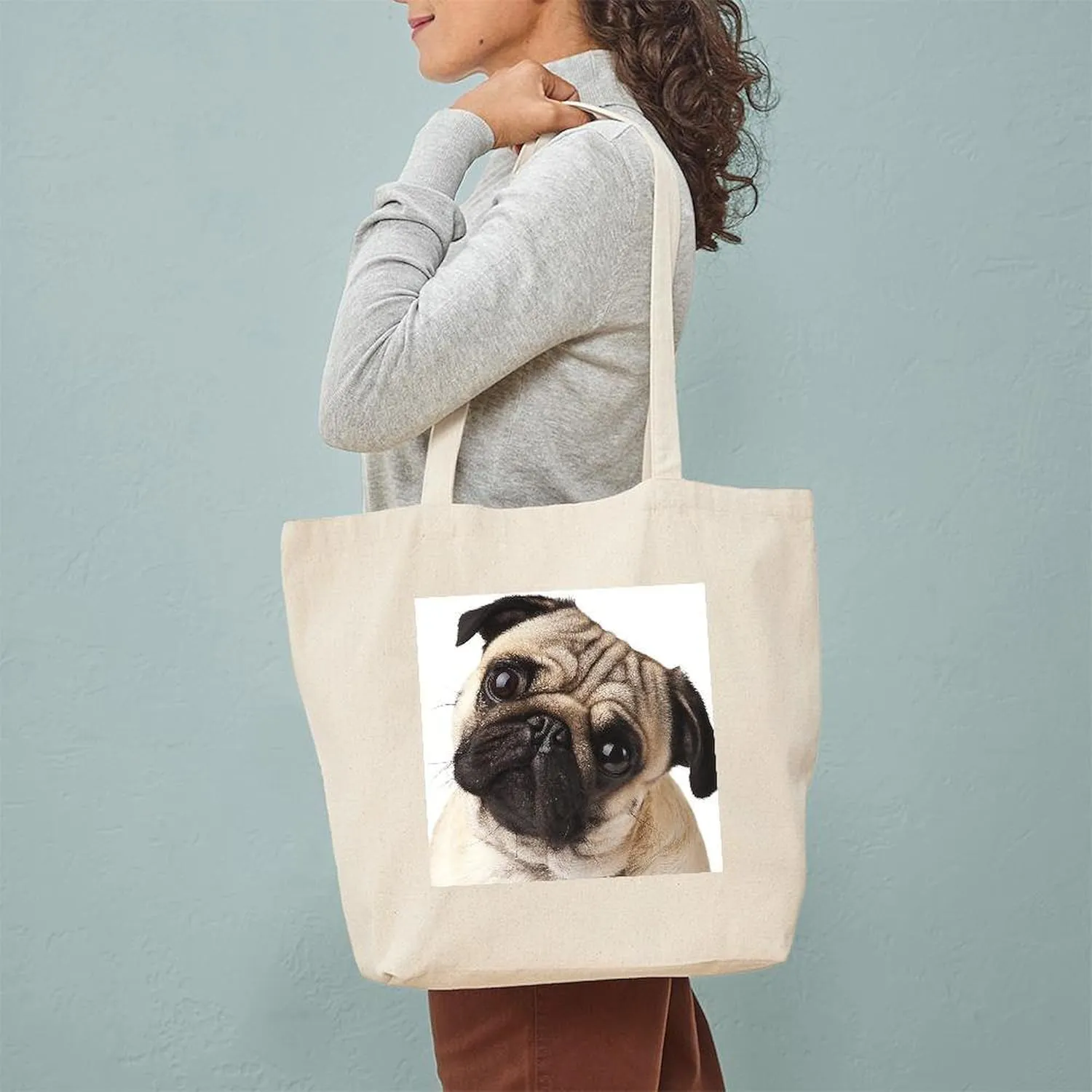 CafePress Curious Pug Tote Bag Natural Canvas Tote Bag, Reusable Shopping Bag