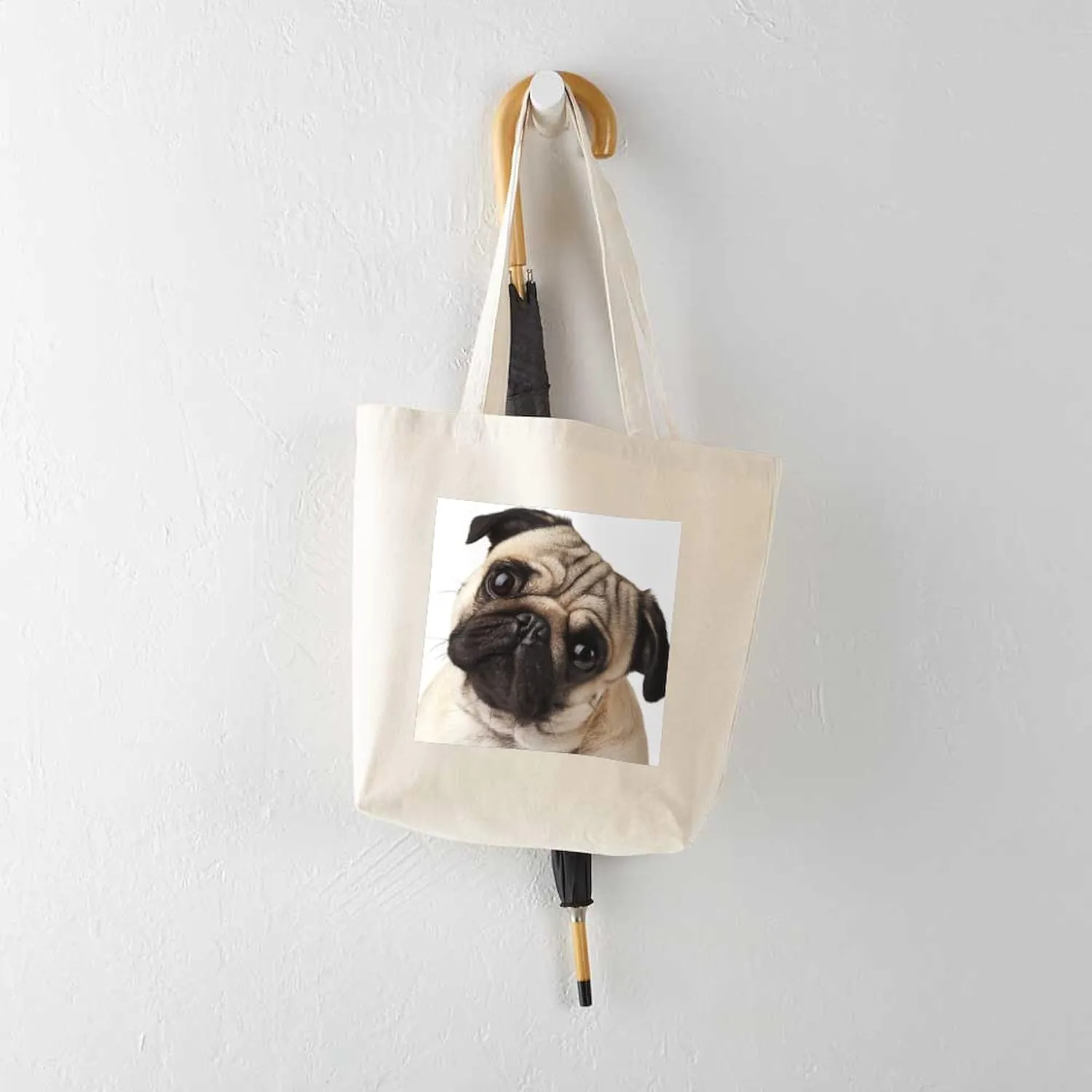 CafePress Curious Pug Tote Bag Natural Canvas Tote Bag, Reusable Shopping Bag