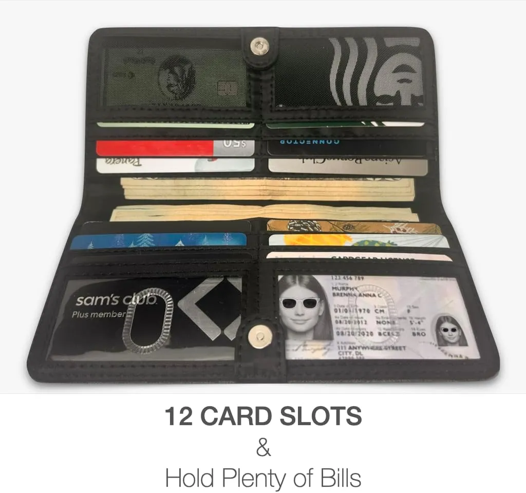 Caitlin Women RFID Blocking Long Bifold Executive Wallet with 12 Slots, 2 Key and 2 Cash pockets, 2 ID and 2 privacy windows, Come with Premium Gift Box (Canvas, Space Gray)