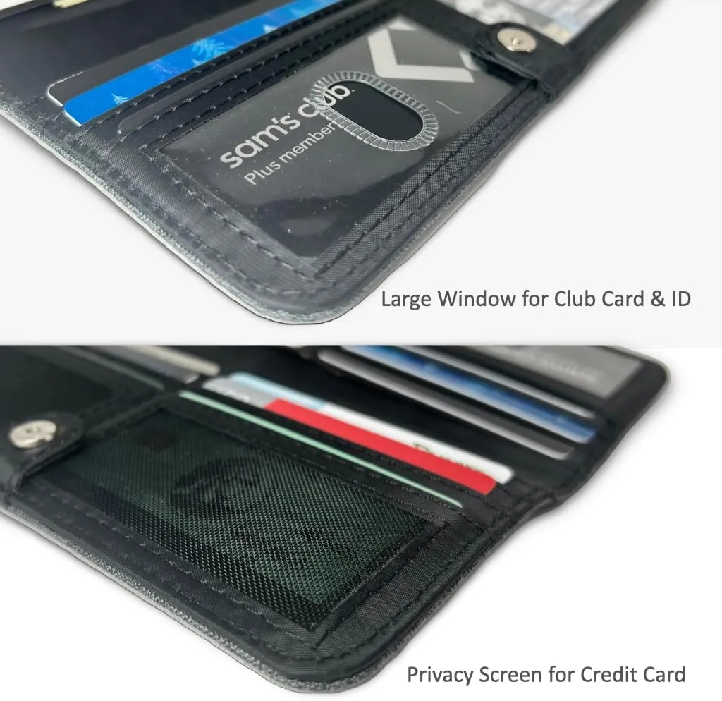 Caitlin Women RFID Blocking Long Bifold Executive Wallet with 12 Slots, 2 Key and 2 Cash pockets, 2 ID and 2 privacy windows, Come with Premium Gift Box (Canvas, Space Gray)