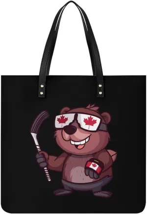Canadian Beaver Hockey Tote Bag for Women PU Leather Purses Handbags Shoulder Bag for Top Handle