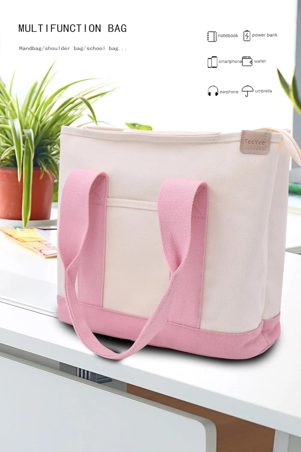 Canvas Tote Bag Casual Multi pockets Handbags Large Capacity Shopping Shoulder Bag with Pocket Bags Work Purses