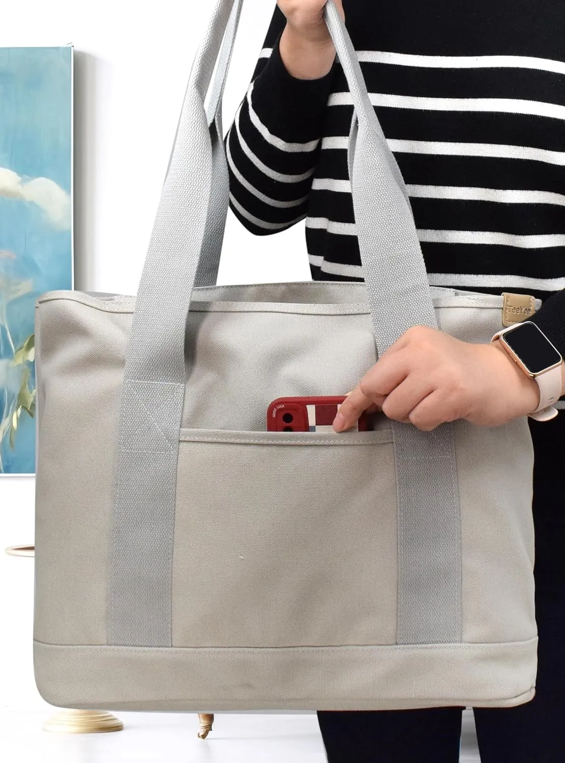 Canvas Tote Bag Casual Multi pockets Handbags Large Capacity Shopping Shoulder Bag with Pocket Bags Work Purses