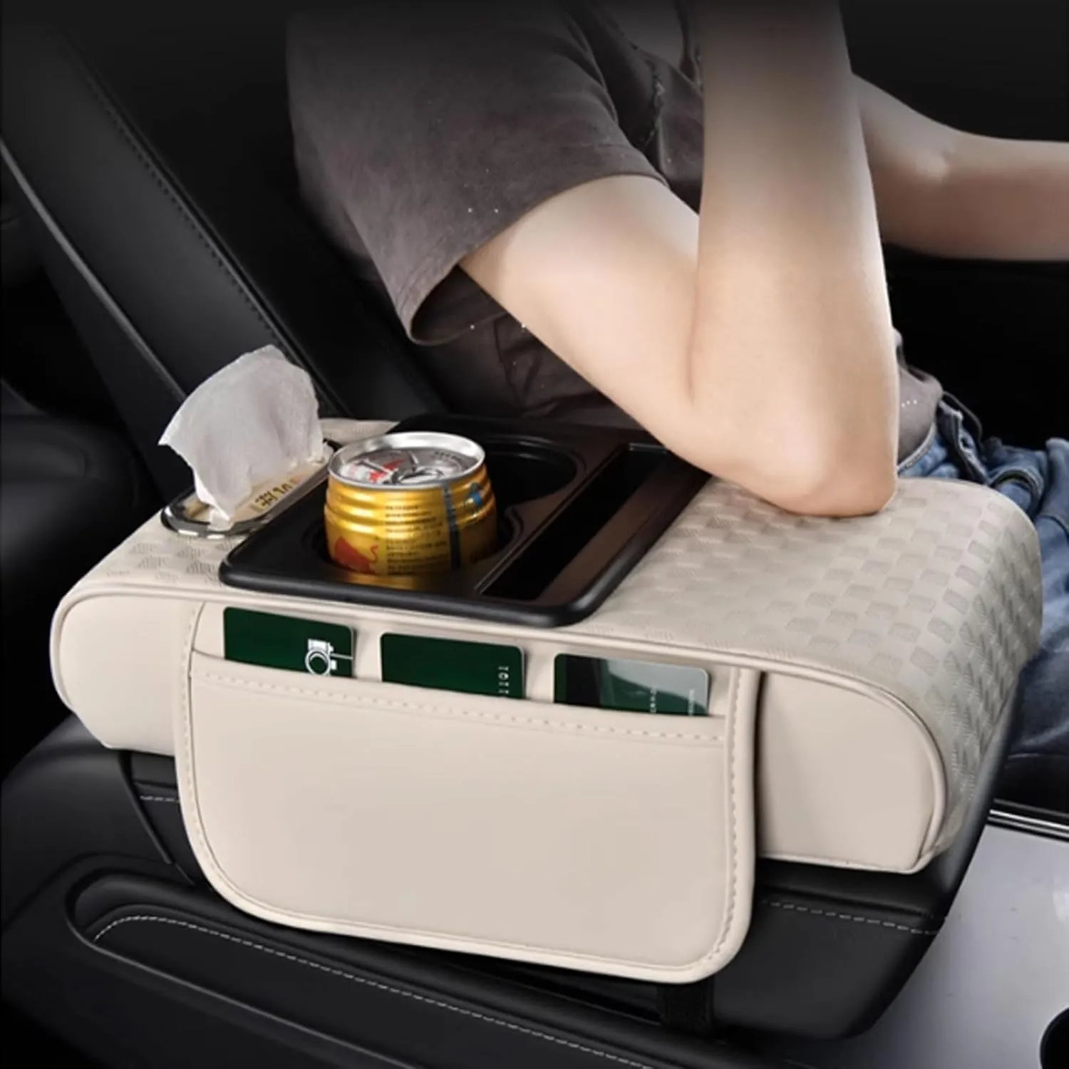 Car Arm Rest Cushion for Chevrolet Statesman 2005-2009, Center Console Armrest Pillow Car Armrest Pad Trucks with Cup Holder, Armrest Pad Storage Bag(White)