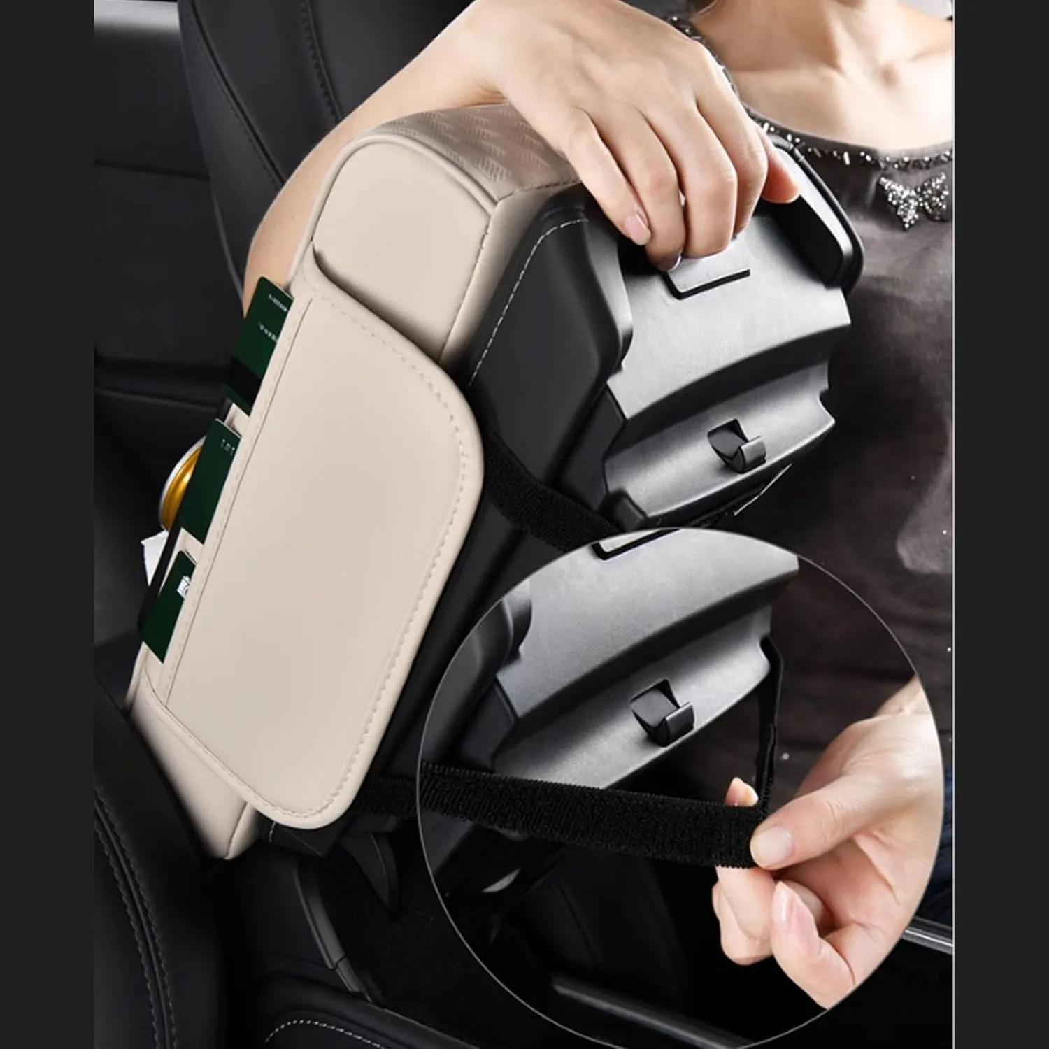 Car Arm Rest Cushion for Chevrolet Statesman 2005-2009, Center Console Armrest Pillow Car Armrest Pad Trucks with Cup Holder, Armrest Pad Storage Bag(White)
