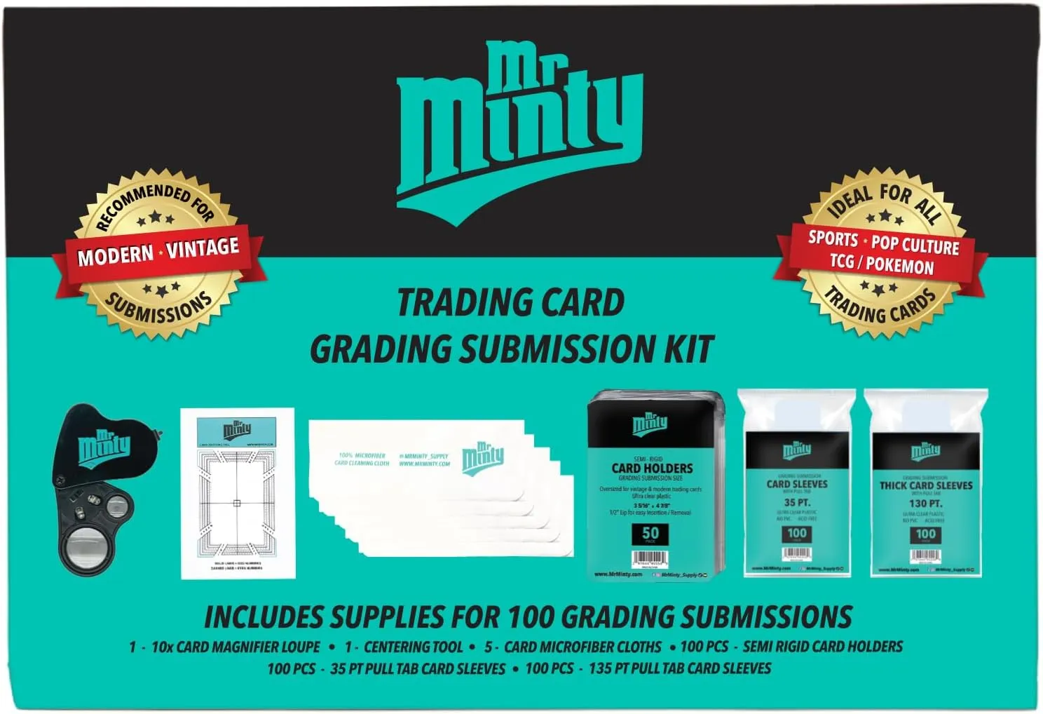 Card Grading Kit | Card Cleaning Kit | 20x Magnifier, Centering Tool, Microfiber Cloths, 300 Sleeves & Holders for Sports & TCG | Substance Free.