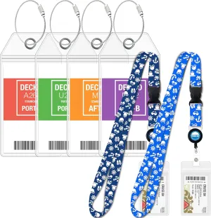 Carnival Cruise Luggage Tag Holders (4 Pack) & Lanyards (2 Pack), Large, Clear & Waterproof, Cruise Essentials 2025-2026 for Ship Cards & Baggage – Durable Travel Accessories (Blue Icons)
