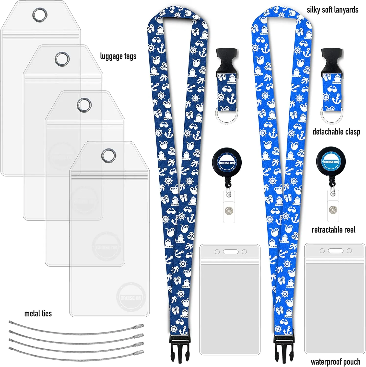 Carnival Cruise Luggage Tag Holders (4 Pack) & Lanyards (2 Pack), Large, Clear & Waterproof, Cruise Essentials 2025-2026 for Ship Cards & Baggage – Durable Travel Accessories (Blue Icons)