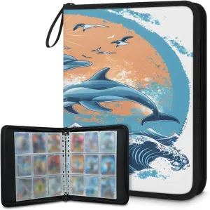Cartoon Dolphins 3 Ring Trading Zipper Binder Strap, Trading Card Binder 4 Pocket, 400 Pockets Card Holder with 50 Removable Sleeves for Game Cards