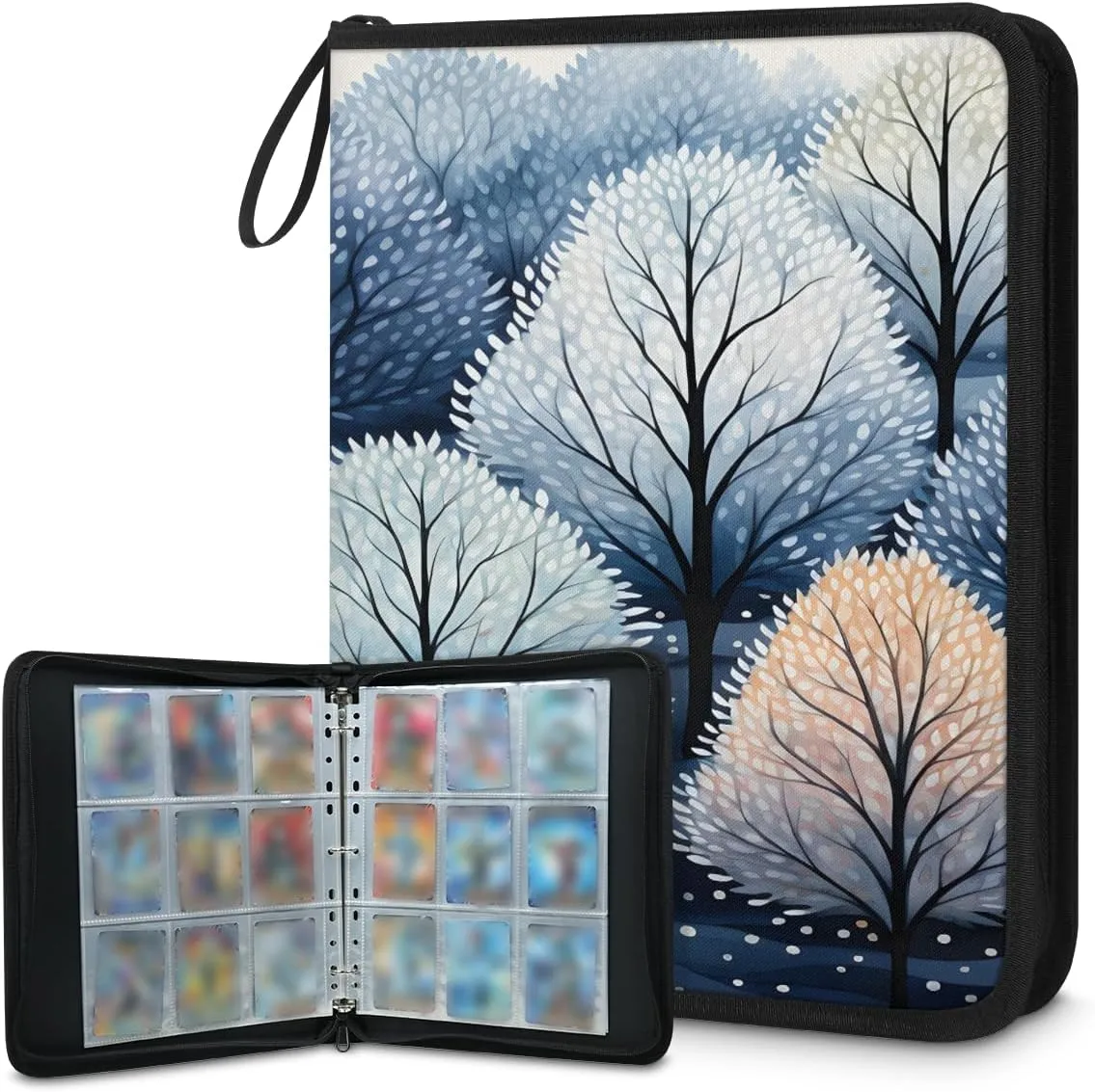 Cartoon Trees 3 Ring Trading Zipper Binder Strap, Trading Card Binder 4 Pocket, 400 Pockets Card Holder with 50 Removable Sleeves for Game Cards