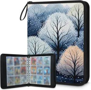 Cartoon Trees 3 Ring Trading Zipper Binder Strap, Trading Card Binder 4 Pocket, 400 Pockets Card Holder with 50 Removable Sleeves for Game Cards