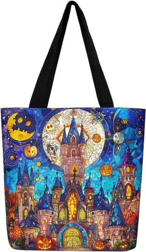 Castle Fairy Gothic Canvas Tote Bag Aesthetic for Women Girls,Sun Moon Halloween Reusable Grocery Handbag