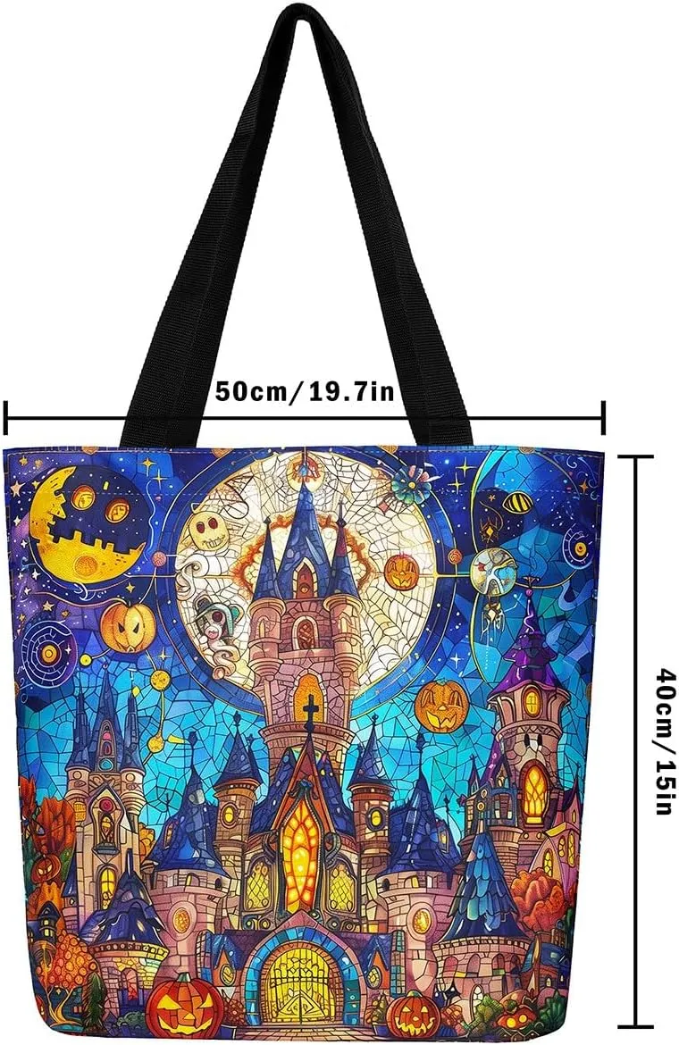 Castle Fairy Gothic Canvas Tote Bag Aesthetic for Women Girls,Sun Moon Halloween Reusable Grocery Handbag