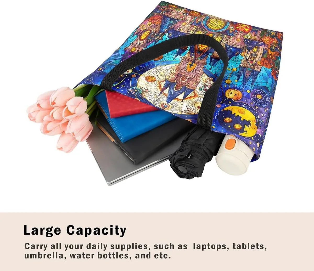 Castle Fairy Gothic Canvas Tote Bag Aesthetic for Women Girls,Sun Moon Halloween Reusable Grocery Handbag