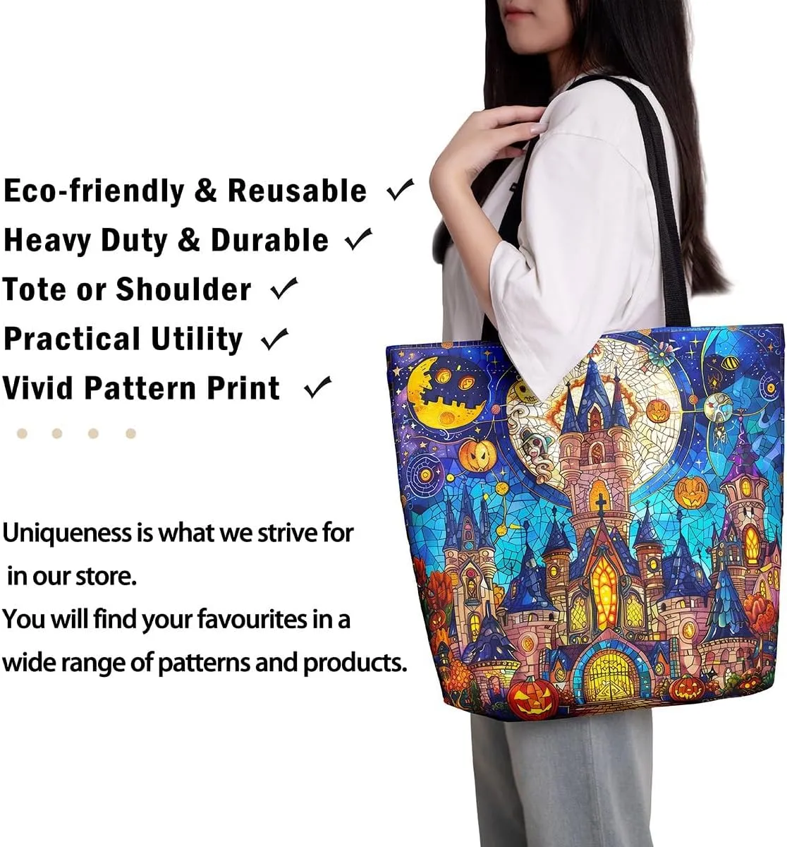 Castle Fairy Gothic Canvas Tote Bag Aesthetic for Women Girls,Sun Moon Halloween Reusable Grocery Handbag