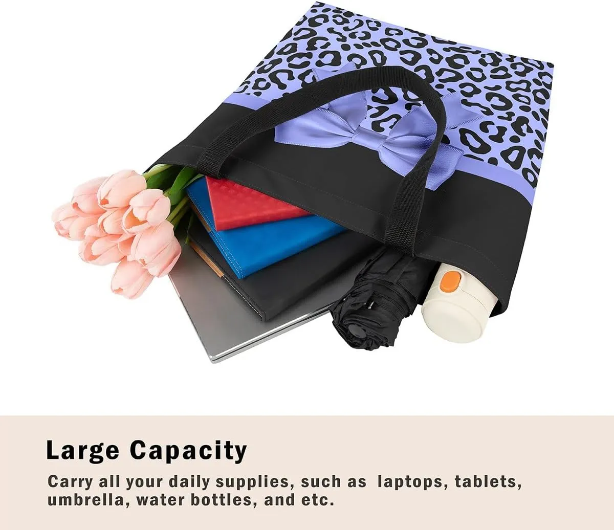 Castle Fairy Leopard Print Canvas Tote Bag,Bowknot Flower Aesthetic Shoulder Handbags for Shopping Gym