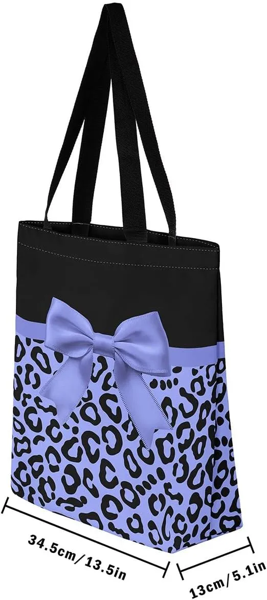 Castle Fairy Leopard Print Canvas Tote Bag,Bowknot Flower Aesthetic Shoulder Handbags for Shopping Gym