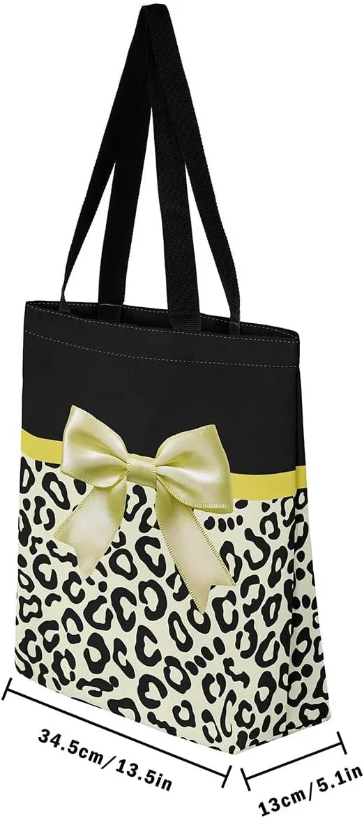 Castle Fairy Leopard Print Canvas Tote Bag,Bowknot Flower Aesthetic Shoulder Handbags for Shopping Gym