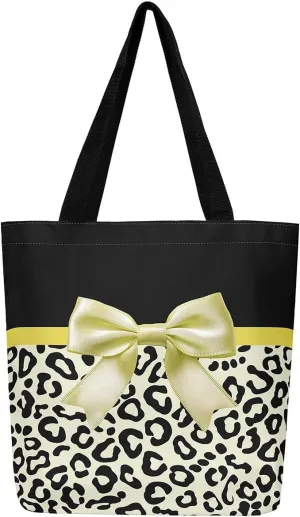 Castle Fairy Leopard Print Canvas Tote Bag,Bowknot Flower Aesthetic Shoulder Handbags for Shopping Gym