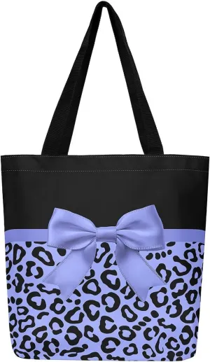 Castle Fairy Leopard Print Canvas Tote Bag,Bowknot Flower Aesthetic Shoulder Handbags for Shopping Gym