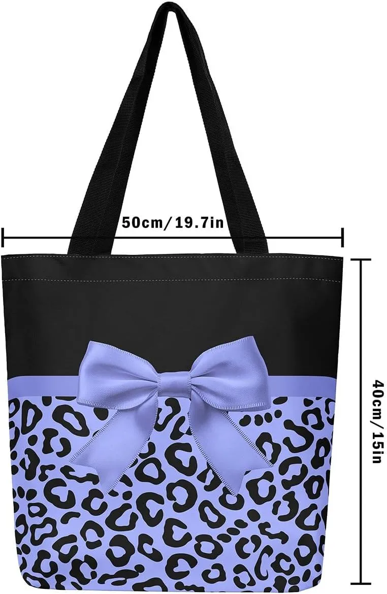 Castle Fairy Leopard Print Canvas Tote Bag,Bowknot Flower Aesthetic Shoulder Handbags for Shopping Gym