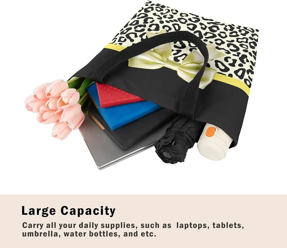 Castle Fairy Leopard Print Canvas Tote Bag,Bowknot Flower Aesthetic Shoulder Handbags for Shopping Gym