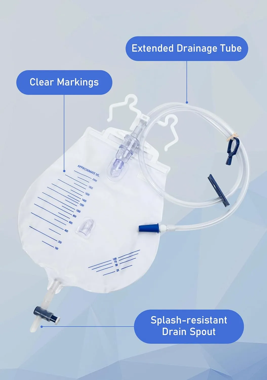 Catheter Bags for Men and Women, Urinary Drainage Bag 2000mL with Anti-Reflux Chamber, 41" Drainage Tube with Hanging Hook, Professional Health Aids (5 Pack)