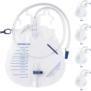 Catheter Bags for Men and Women, Urinary Drainage Bag 2000mL with Anti-Reflux Chamber, 41" Drainage Tube with Hanging Hook, Professional Health Aids (5 Pack)