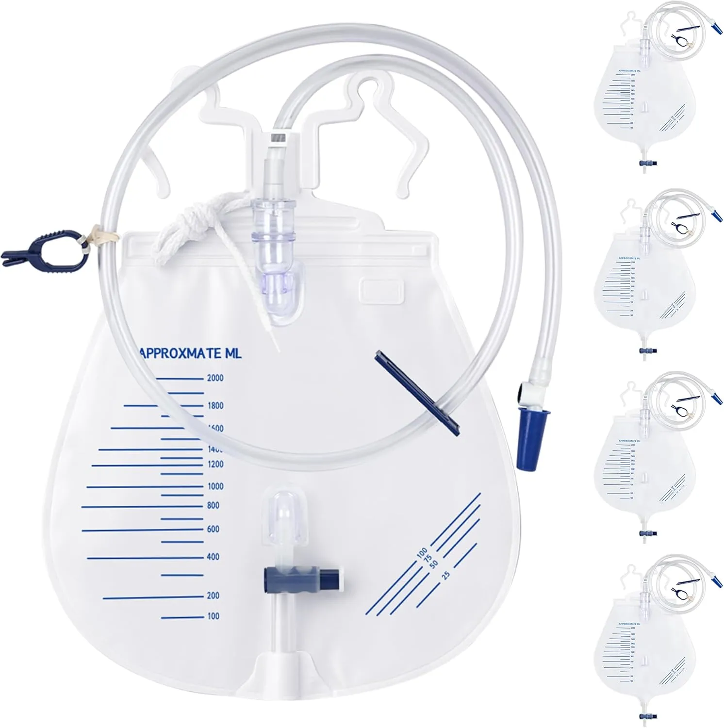 Catheter Bags for Men and Women, Urinary Drainage Bag 2000mL with Anti-Reflux Chamber, 41" Drainage Tube with Hanging Hook, Professional Health Aids (5 Pack)
